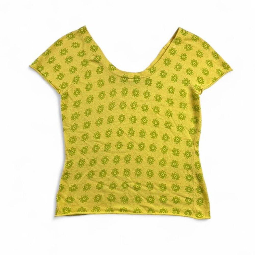 Y2K Floral Stretch Top Womens M Yellow Green Retro Fitted Short Sleeve Tee
